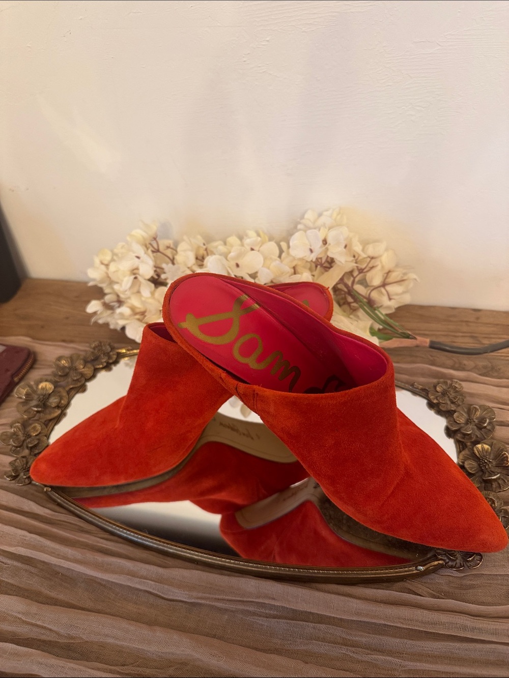 Sam Edelman Red Suede Pointed-Toe Slip-On Mules
